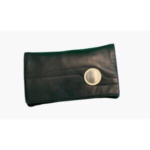 Vintage 1980's Black Leather Clutch With Gold Button Detail & Zipper Closure